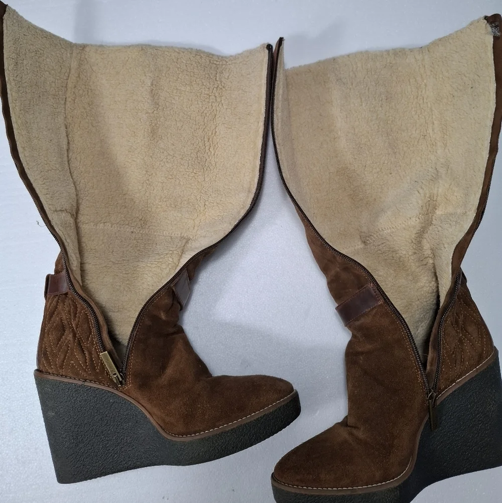 Aquatalia Brown Suede Over the Knee Boots Faux Fur Quilted Size 8